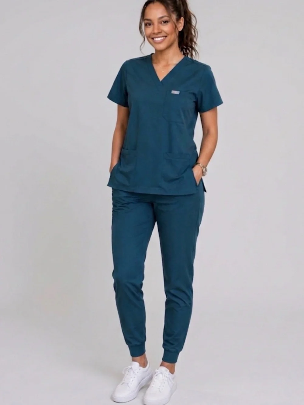 Figs Three-Pocket Top & Joggers Pant Scrub Deep Teal V-Neck Scrub Set Size M - Picture 1 of 4